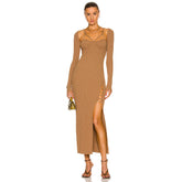 Square Collar Long Sleeve Striped Maxi Bandage Dress